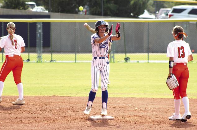 Bethel senior Lilly Jordan claps after stealing second base in the first inning of the Class 3A State Fast Pitch Quarterfinal game with Lindsay, held at Devon Park in OKC on Oct. 16. The Lady Wildcats lost, 0-6, but end their season with a 31-6 record and ranked #5, according to the OSSAA Rankings website. Natasha Dunagan, Countywide &amp;amp; Sun