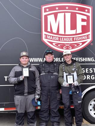 One of Tecumseh High School's fishing teams won first in the Major League Fishing Abu Garcia High School Fishing Tournament on March 8 at Grand Lake in Grove. They will now advance to the national competition. Shown are Alex Hurst, Boat Captain Billy Mitchell and Maddox Dickson. Photo provided by Janell Mitchell