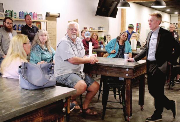Linda Page, far left, voices her appreciation of U.S. Senator James Lankford’s honesty and accountability after he spoke at Coffee N’Crafts in Shawnee on April 19. Countywide &amp;amp; Sun/Natasha Dunagan