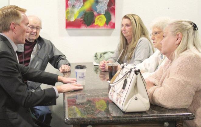 U.S. Senator James Lankford speaks with members of the Pottawatomie County GOP before answering questions at Coffee N’ Crafts in Shawnee on April 19. Shown, from left, are Lankford, Donald Page, Vicki Reed, Corretta Blancett, and Betty Beardmore. Countywide &amp;amp;