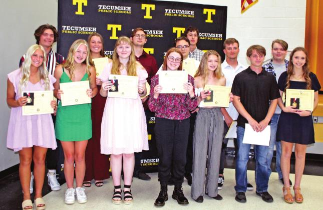 Fourteen seniors received Oklahoma High School Honor Society recognition during the Tecumseh High School Academic Awards Reception on May 3. They are, not in order, Emily Bingham, Lillian Effinger, Dylan Graham, Kyle Gregory, Danny Johnson, Elizabeth Kipps, Jacob Madden, Jaxon Meyers, Olivia Roschli, Hannah Smith, Jacob Smith, Davin Smithee, Cami Stearman, and Lauren Taylor. Countywide &amp;amp; Sun/Natasha Dunagan