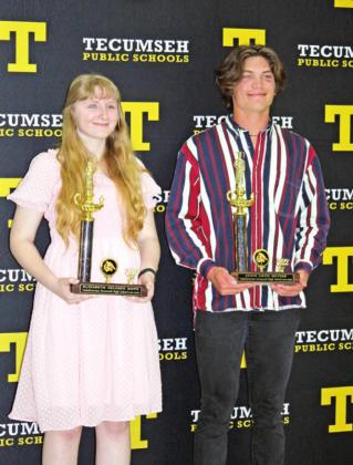 Tecumseh seniors Elizabeth Kipps and Jaxon Meyers pose with their trophies, as this year’s Co-Valedictorians,