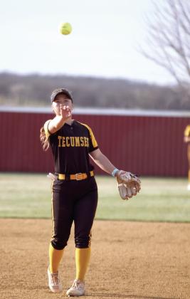 Tecumseh senior Jessi Hull hurls the ball toward home in the slowpitch game against North Rock Creek, held at Dale on March 24. The Lady Savages lost to Dale, 7-8, and beat NRC, 10-0. Natasha Dunagan, Countywide &amp; Sun