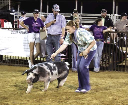 As livestock judge Garret Wellden comments, Tecumseh FFA senior Channing Goodson exhibits her Poland pig during the T-Town Showdown on Aug. 22 at the Tecumseh Roundup Club.