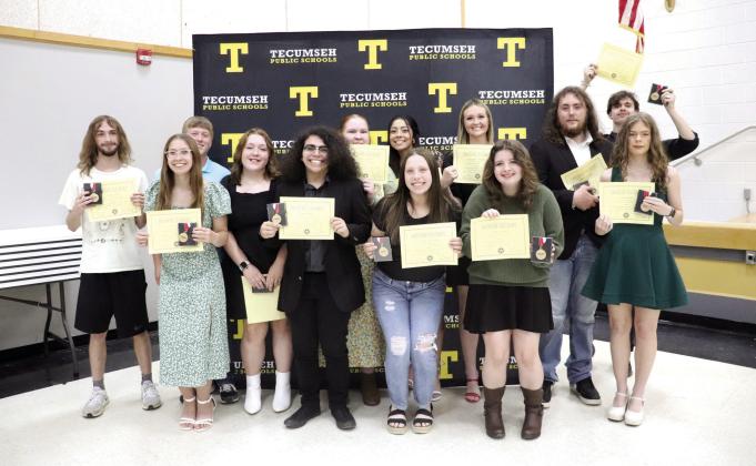The Oklahoma Honor Society Top Ten Percent Award went to, back row, seniors Coalton Reece, Conner Murray, Andrea Knight, Serenity Jacoway, Sami Schweighardt, Julian Borromeo, Oliver Daugherty, front row, Sarah Miller, Harley Scott, Jay Ahlstrom, Karsyn McDonald, Darcee Souders and Calyn Harris during the Tecumseh High School Academic Awards on May 7. Photo provided