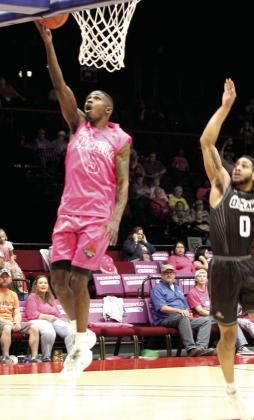 After catching a pass from across the court, Potawatomi Fire Guard Kam Williams sinks his layup during the April 10 Pink Out home game against the Enid Outlaws. The Fire won, 127-113. Natasha Dunagan, Countywide &amp; Sun