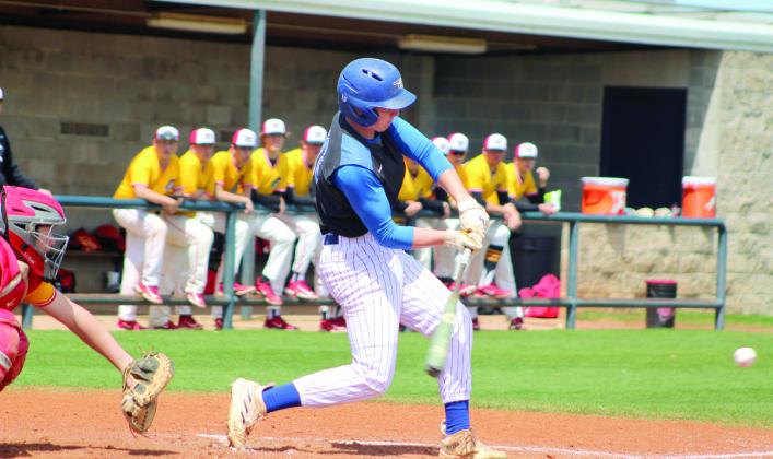 Bethel’s Matthew Sharp lines up with the ball and hits a single in the first inning of the game against Dale, held at Shawnee on April 7. Bethel won their first game with Del City, 12-2, and lost to Dale, Elgin and Norman North in tournament play.