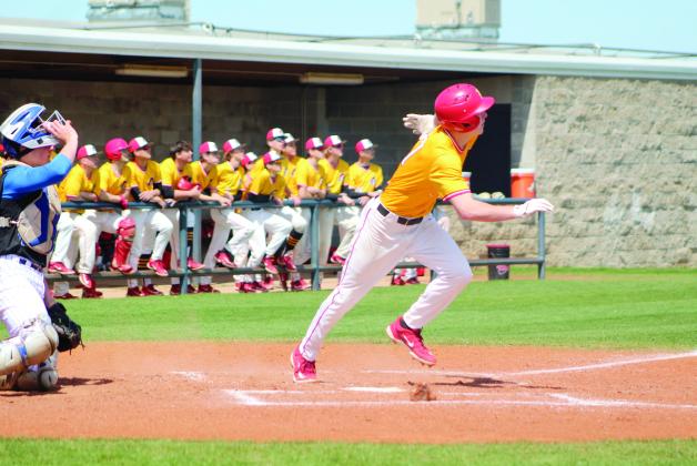 Everyone watches the ball fly, as Dale junior Dayton Forsythe takes off from home during the Bill Tipton Classic game with Bethel, played at Shawnee on April 7.