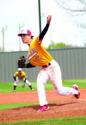 Dale junior Casen Richardson heaves the ball toward home during the Bill Tipton Classic game played at Shawnee on April 6. Games were also played at Carl Albert and Midwest City over the three-day tournament. The Pirates won against El Reno, Shawnee and Bethel before losing to Elgin.