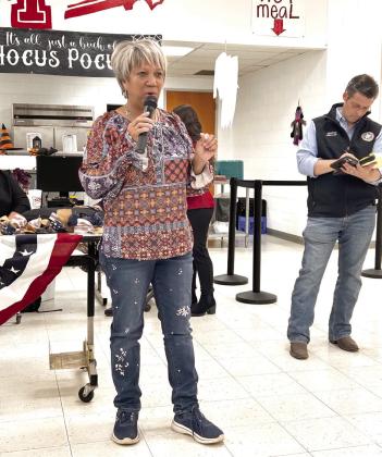 Donna Heins (above center) addresses the crowd during the Town Hall meeting held at McLoud School. Sen. Shane Jett (pictured right) hosted the event. Countywide &amp;amp; Sun/ Suzie Campbell