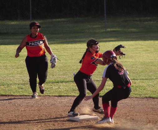 Earlsboro’s Makaylyn Allspaugh reaches second base safely after hitting a double in the home game with Paden on April 17.