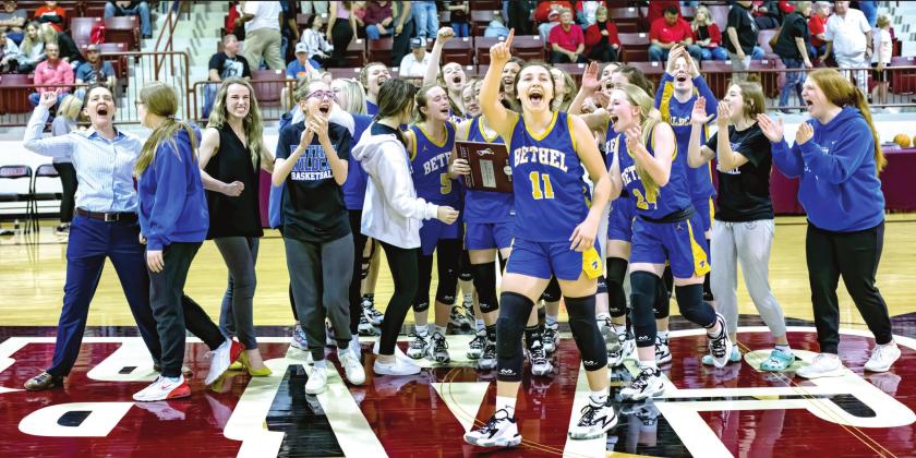 The Bethel Lady Wildcats celebrate after winning the Class 3A Consolation Championship on March 5 against Comanche. They won that game, 56-54, after losing to Jones on March 4, 40-47, and they advanced to state on March 9. Photos provided by Richelle Treece.