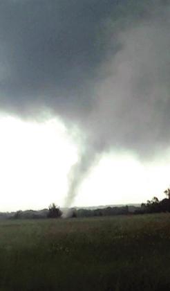 The May 4 tornado in Maud cuts across a field near the District 3 County Barn in Maud. Photo by Jeremiah Fletcher