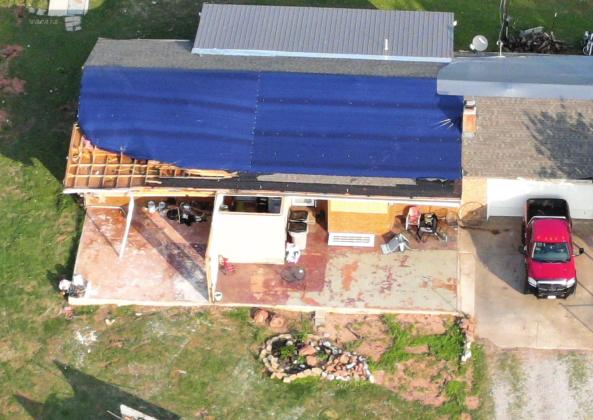 A home was badly damaged by the tornado. Drone photo taken by Chad Larman