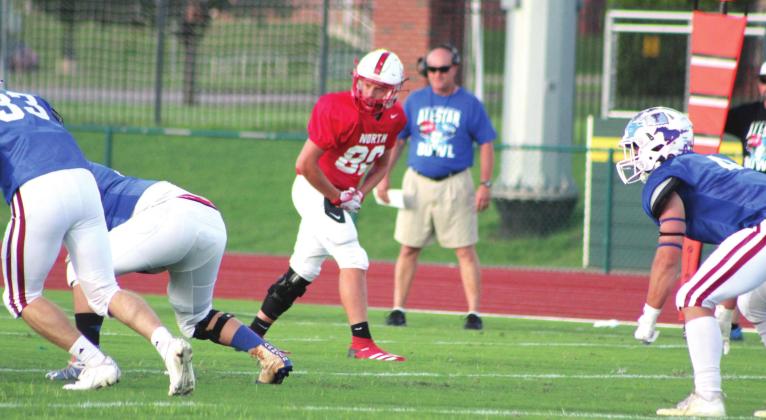 McLoud graduate Rylan Hall-Norton prepares for a play during the Second Annual CPN All-Star Bowl at OBU on June 3. Also on the North Team were North Rock Creek graduates Jayce Williams and Colton Burch.