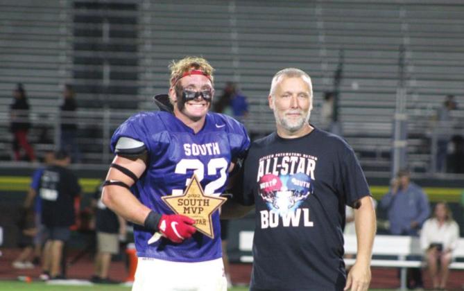 Brian Parsons, of the Bethel Quarterback Club, presents the South Team MVP to Plainview graduate Caden Pickens following the Second Annual CPN All-Star Bowl on June 3 at OBU.