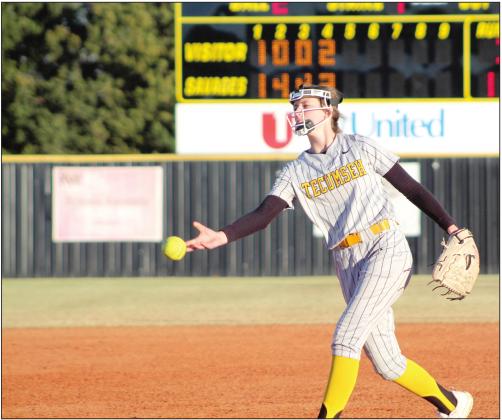Tecumseh sophomore Emily Gage pitches during the home slowpitch game against Morrison on March 18. The Lady Savages won 11-3 in the fourth inning. Countywide &amp;amp; Sun/Natasha Dunagan
