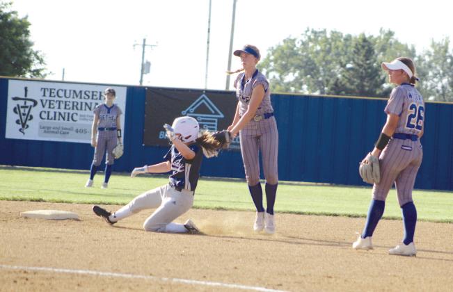 Bethel senior Brooklyn Duff tags a runner at second base during the fourth inning of the home game with Casady on Aug. 11. The Lady Wildcats won, 13-1. So far, their record is 3-1. Countywide &amp; Sun/Natasha Dunagan