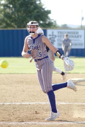 Bethel freshman Kinley Anthony slings the ball past home plate during the fourth inning of the home game with Casady on Aug. 11. The Lady Wildcats won, 13-1. Countywide &amp; Sun/Natasha Dunagan