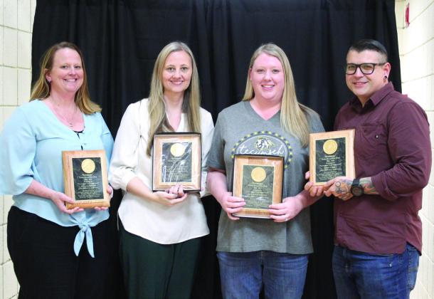 Gina Sampson, Jennifer Wiens, Jennifer Adkins and John Carey received the Presidents’ Teacher Recognition Award for this year. They were honored during the Tecumseh Chamber of Commerce Teacher’s Luncheon at City Hall on April 13. Countywide &amp; Sun/Natasha Dunagan