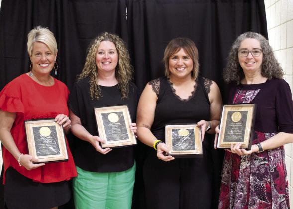 The recipients of the Lola C. Durham Award for this year are Cody Swinson, Jami Gates, Kara McLain and Elizabeth Martin. They were honored during the Tecumseh Chamber of Commerce Teacher’s Luncheon at City Hall on April 13. Countywide &amp; Sun/Natasha Dunagan