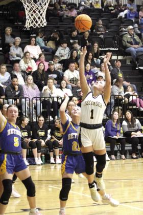 Tecumseh's Cadence Leba shoots for two points during the Feb. 7 homecoming game with Bethel. The Lady Savages lost a close game, 42-47. Countywide &amp;amp; Sun/Natasha Dunagan
