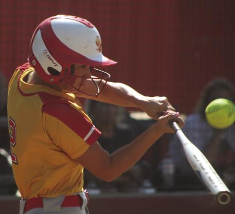 Dale senior Chayse Caram takes her turn at bat in the fifth inning against Wyandotte during regional play Sept. 30. The Lady Pirates won 5-4. The previous day, the team beat Wyandotte, 105, and Colcord, 12-6. Dale begins play in the State Tournament at the Softball Hall of Fame today at 11 am on Field 2, according to the OSSAA website.