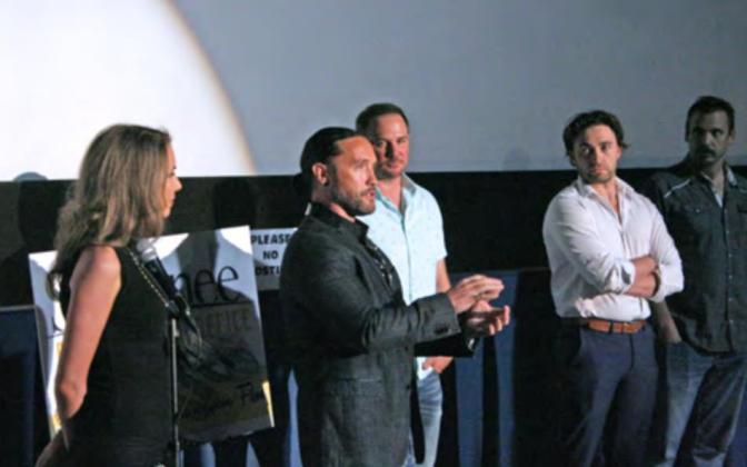 “Out of Exile” producer Kelley Gann; writer, director and producer Kyle Kauwika Harris; actor Ryan Merriman (Agent Brett Solomon); and actor Kyle Jacob Henry (Wesley Russell) take audience questions following a private screening of an unfinished edit of the film, Oct. 1. Countywide &amp;amp; Sun/Kendra Johnson