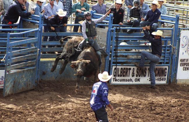 Carter Shaw, of Haughton, LA, blasts out of the chute and holds on for a score of 71 points in his first run of the International Finals Youth Rodeo on July 8. Countywide &amp; Sun/Natasha Dunagan