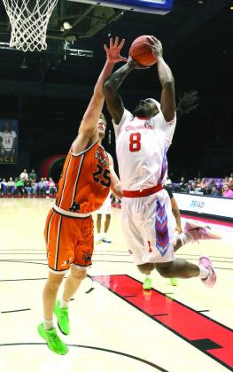 Potawatomi Fire Forward KD Moore shoots for the basket on May 10. According to potawatomifire.com, Moore led the Fire with 40 points in the game. He also made four rebounds, two assists and two steals. Moore was followed by Chuck Guy with 33 points, Jahmal McMurray with 26 points, Isaiah Wade with 22 points, and Ricky Artis II and Willie Warren, both with 20 points each.