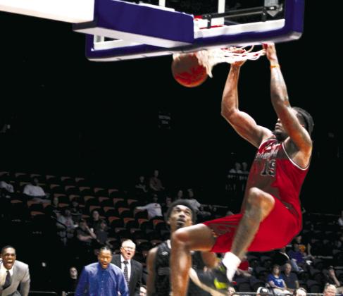 Potawatomi Fire Forward/Center T.J. Maston makes a slam dunk during the second game of first-round playoffs against the Enid Outlaws on June 3. Held at FireLake Arena, the game was won by the Fire, 101-86. The semifinals/second-round playoffs will begin today (June 8) at Wichita or Shreveport, according to potawatomifire.com. Countywide &amp;amp; Sun/Natasha Dunagan