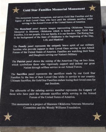 A plaque on the southeast side of the new Gold Star Families Memorial Monument at Woodland Veterans Park explains the significance of the four panels which honor Homeland, Family, the Patriot, and Sacrifice. The panels were designed by the Shawnee Oklahoma Veterans Memorial Committee, and the Woody Williams Foundation installed the monument on Oct. 17. Countywide &amp; Sun/Natasha Dunagan