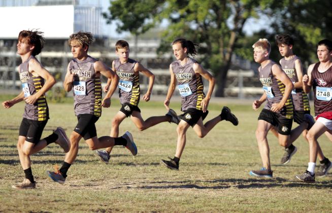 Tecumseh Cross Country athletes Tim Wallace, Braydon Self, Jett Jeffcoat, Chase Stone, Jaxon McCullough, and Ben Lovette take off from the starting line at the Tecumseh High School Cross Country Meet on Sept. 10. Tecumseh hosted Shawnee and Del City, and the Shawnee boys team took first, according to www.ohstrack.com. Countywide &amp; Sun/Natasha Dunagan