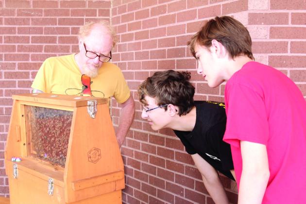 Court and Price VanDyne of Shawnee study a colony of bees belonging to Rick Schantz. Schantz and his wife, Pamela, along with her sister, Gayla Doussett, also offered samples of different types of honey. Natasha Dunagan, Countywide &amp; Sun