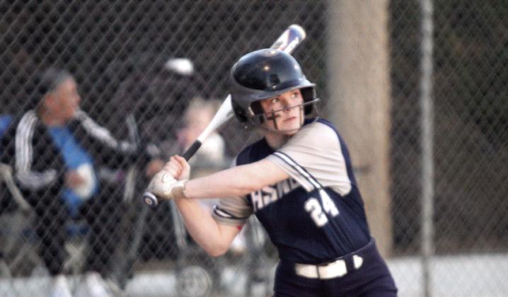 Asher sophomore Makaylee Harrell keeps her eye on the ball before hitting a single during the March 7 double header with Wewoka. Natasha Dunagan, Countywide &amp; Sun