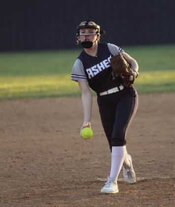 Asher junior Preslee Taylor aims her pitch during the March 7 double header with Wewoka. The Lady Indians won both games, 15-0 and 18-3. Natasha Dunagan, Countywide &amp; Sun