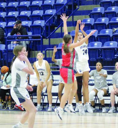 Shawnee sophomore Daley Rice makes a three-point shot in the third quarter of the Dec. 15 game against Crossings Christian.
