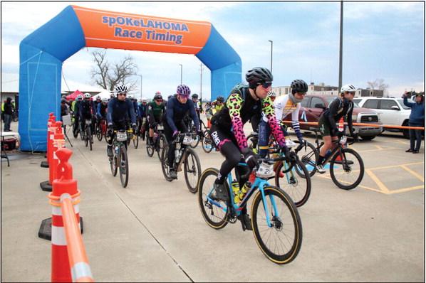 Leading the 260 bicyclists in the Oklahoma Gravel Growler are, from left, #226 Ismael Acosta, of the Dominican Republic; #19 Rob Bell, of OKC; #57 Jesse Baldwin, of Norman; #29 Tyler Stein, of Minneapolis, MN; #40 Gosse van der Meer, of Kranenburg, North Rhine-Westphalia, Germany; and #1 Alison Tetrick, of Petaluma, CA. In the Pro Men’s 85-mile division, Acosta placed first; Bell placed second; van der Meer placed fourth; Stein placed ninth; and Tetrick won first in the Pro Women’s 85-mile category, Feb. 4.