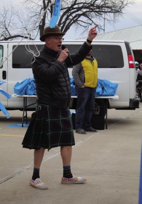 SpOKeLAHOMA co-owner Craig MacIntyre announces directions before the start of the Oklahoma Gravel Growler bicycle race on Feb. 4 at the FireLake Festival Grounds. MacIntyre has made it a tradition for him to wear a kilt at the event. Countywide &amp; Sun/Natasha Dunagan