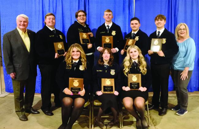 Gordon Richards Scholarship Award recipients pictured are front row from left: Poppy Robinson, Kylie Elmore, and Hope Sitton. Back row from left: Gordon Richards Jr., Bryce Wright, Gage Brown, Conner Thompson, Xander Risinger, Stephen Wickerd, and Jamie Barrick. Countywide &amp; Sun/Suzie Campbell