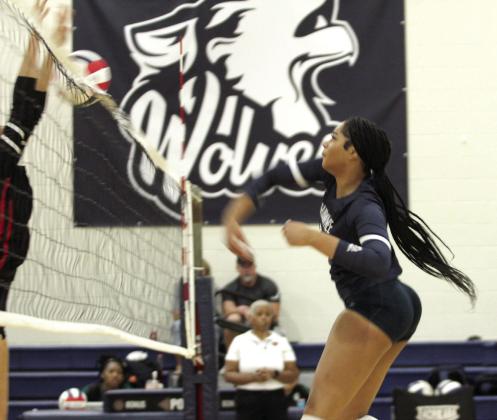 Shawnee junior Chrishelle Milum spikes the ball during the Shawnee Volleyball Invitational Silver Bracket game against North Rock Creek, held at Shawnee Middle School on Sept. 20. The Gold Bracket games were played at Shawnee High School. The Lady Wolves won two games and lost three during the two-day tournament. Eight teams, including Tecumseh, participated.