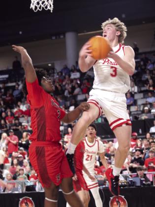 Dale senior Denton Forsythe puts up a shot during the first quarter. The Pirates conquered this game, 82-40; as well as the two previous games against Oklahoma Christian Academy, 80-57, and Vanoss, 75-35. They end their season with a record of 30-2. Photos by Natasha Dunagan, Countywide &amp; Sun