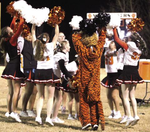 The Maud High School Cheerleaders and mascot perform at halftime of the Class C OSSAA First Round Football Playoffs home game against Bluejacket on Nov. 14. Natasha Dunagan, Countywide &amp;amp; Sun