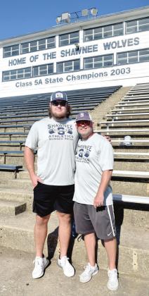 Kansas City Chiefs Center Creed Humphrey poses with Shawnee Athletic Director Dax Leone on July 11 at Jim Thorpe Stadium. Humphrey returned to his home town to help with the Summer Pride Clinic, which went through today (July 14). Countywide &amp; Sun/Julie Talton
