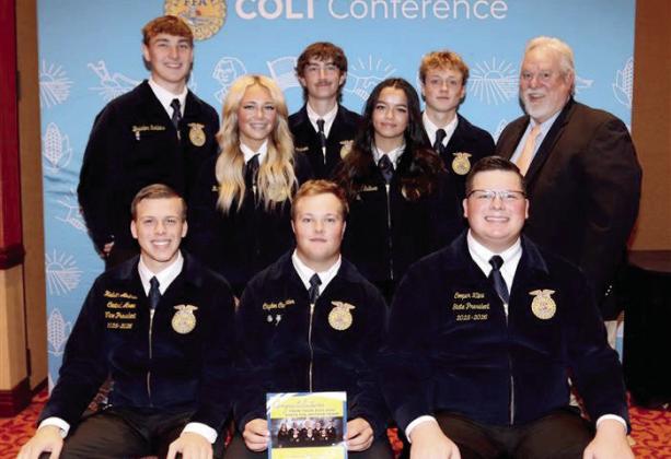 The 2025-26 Bethel FFA Officers pose with their Three-Star State Chapter Award, as well as two Oklahoma FFA state officers, at the COLT Conference earlier this month. They are, seated, State FFA Vice President Coy Davidson, Bethel FFA President Cayden Carpenter, State FFA President Cooper Kline, standing from left, Braxton Robbins, Rianne Tinsley, Jake Dickson, Makenzie Sullivan, Luke Hurt and Bethel FFA Advisor Dr. Brett Scott. Photo provided