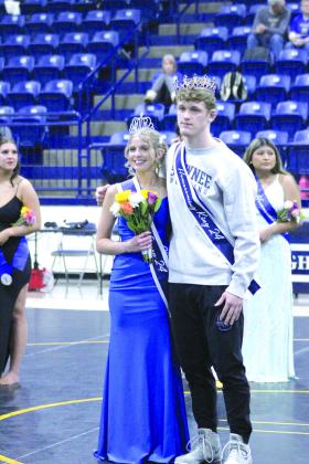 Shawnee’s Bella Koepke and Jayson Hair were crowned Spring Homecoming Queen and King, respectively, during the wrestling dual with Noble on Jan. 25. Koepke represented girls tennis, and Hair represented Shawnee boys wrestling. Countywide &amp; Sun/Natasha Dunagan