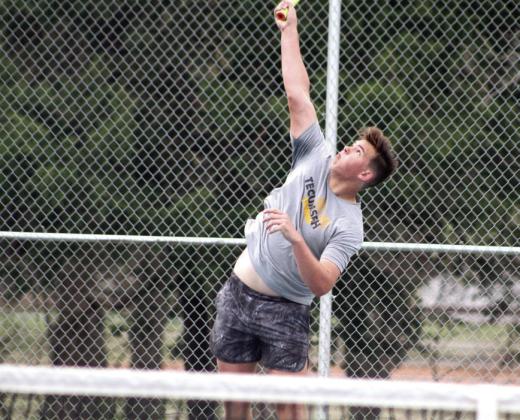 Tecumseh’s Brodey Bone reaches high as he serves on the #2 Doubles team with Aaron Sack during the Tecumseh Tennis Tournament on April 4. Bone and Sack placed fourth. The Tecumseh Boys Tennis Team also placed fourth overall. Dunagan
