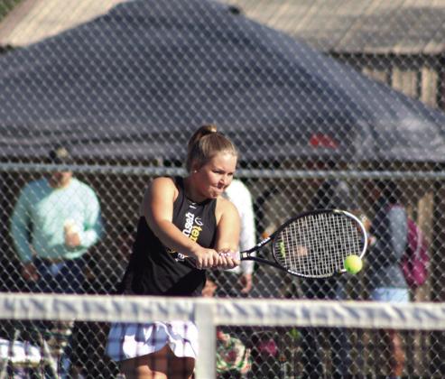 Tecumseh’s Elise Whitney returns the ball while playing with Jalee Meyers on the #1 Doubles team during the Tecumseh Tennis Tournament on April 3. Tecumseh High School hosted seven schools, and Meyers and Whitney placed second. The Tecumseh Girls Tennis Team placed fourth overall. Countywide &amp;amp; Sun/Natasha Dunagan
