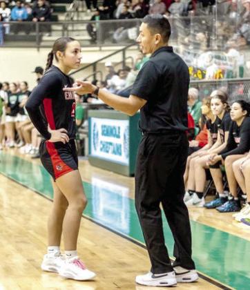 Sophomore Lilly Gentry (LRC Tournament MVP) and Coach Tim Gentry have a sideline discussion. Photo Provided by Amanda Elmore