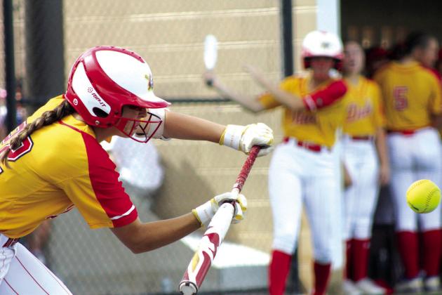 Dale’s Gracee Waller prepares to bunt in the sixth inning of the Class 2A State Fastpitch Softball Quarterfinals on Oct. 5, held at FireLake Ball Fields. The Lady Pirates beat Wyandotte, 5-2. Countywide &amp;amp; Sun/ Natasha Dunagan